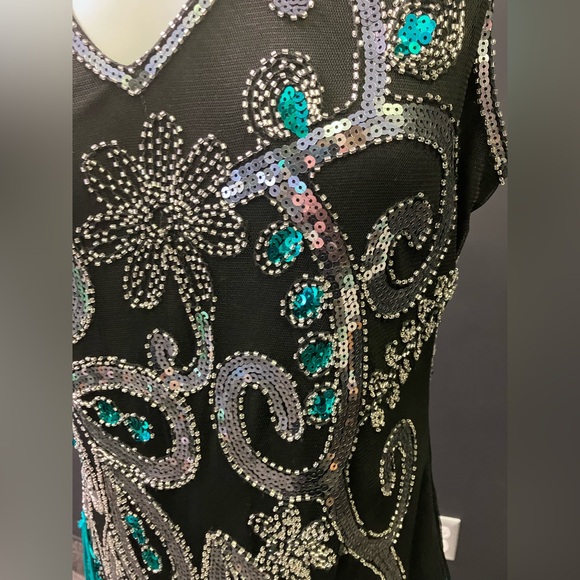 BabeYond black green and Silver peacock embroidered fringe flapper dress XL - Picture 6 of 15